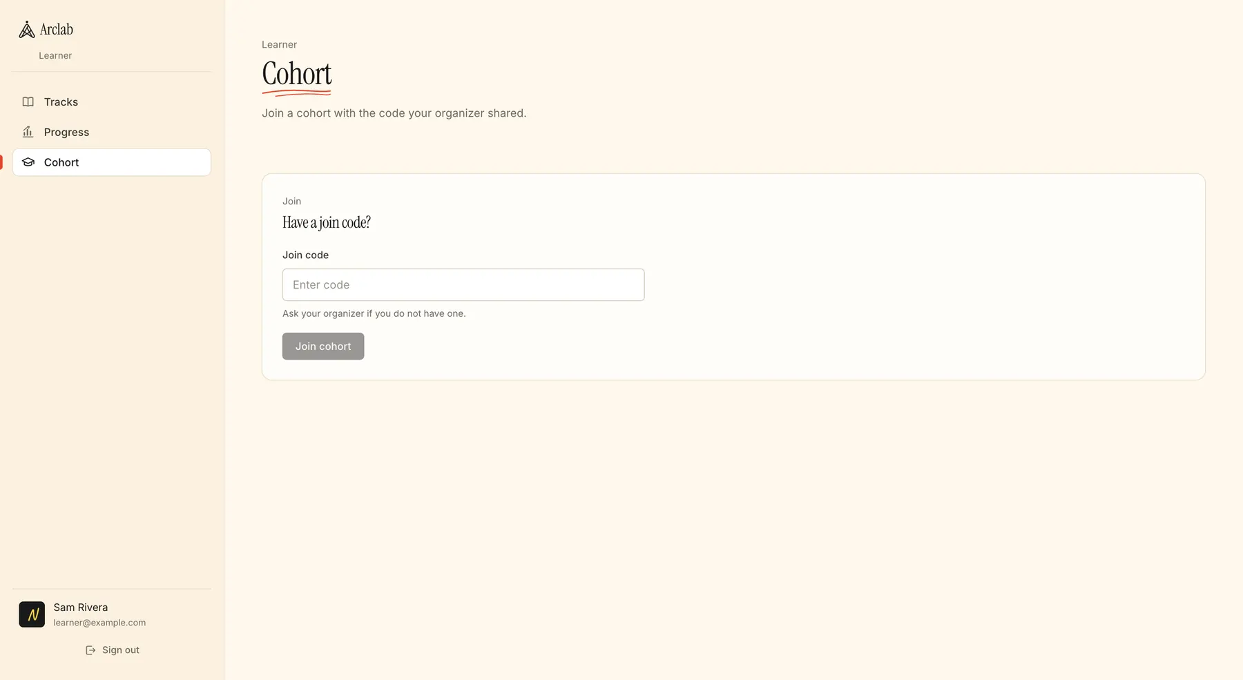 Arclab Foundations learner dashboard: the Cohort tab with a field to enter the join code an organizer shared