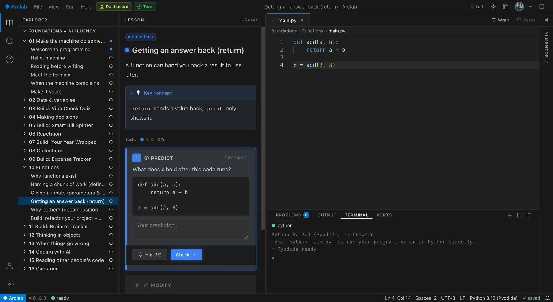 Arclab Foundations: a Predict task in the Functions module asking what x holds after add(2, 3), next to a Python editor