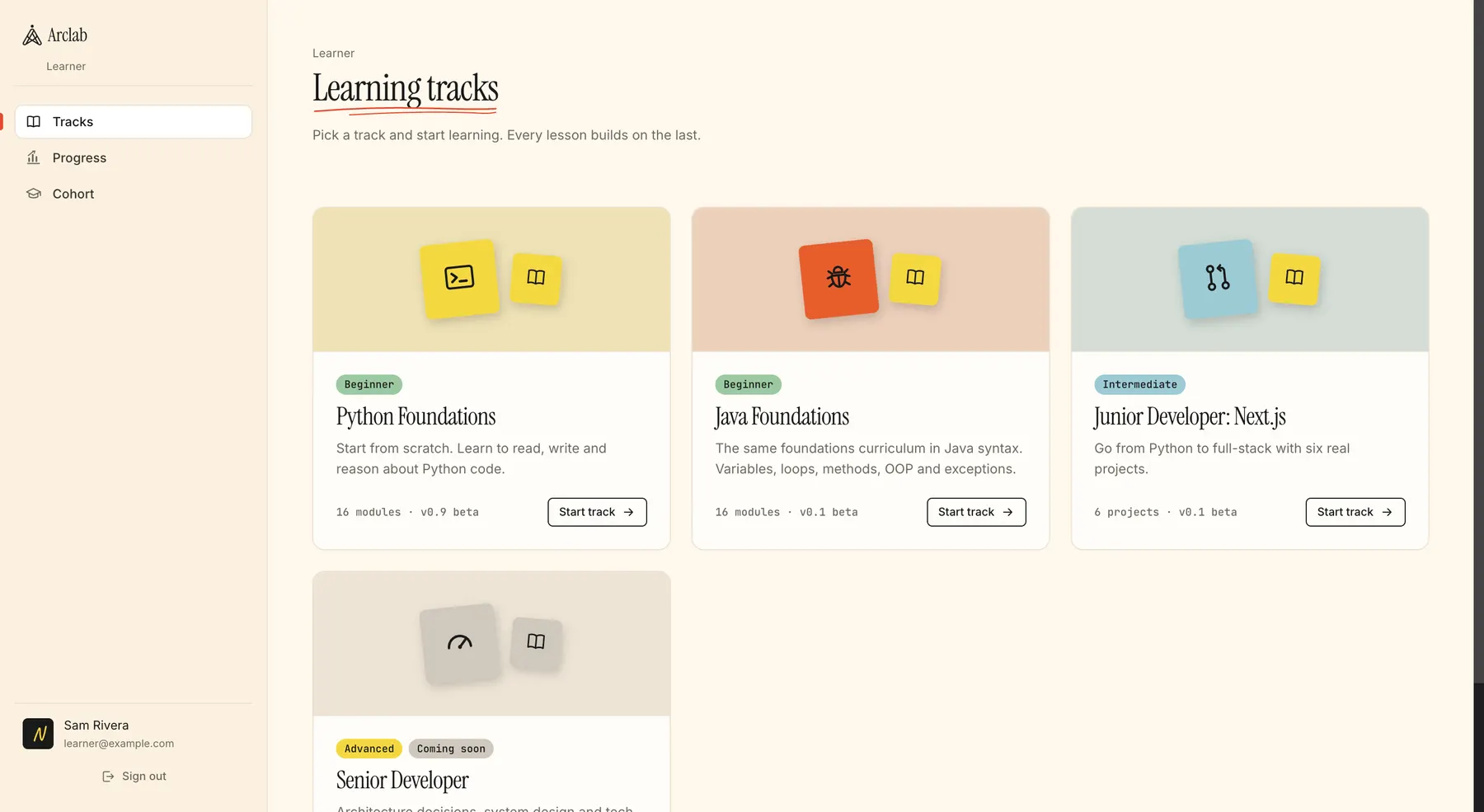 Arclab Foundations learner dashboard: Python Foundations, Java Foundations and Junior Developer: Next.js track cards