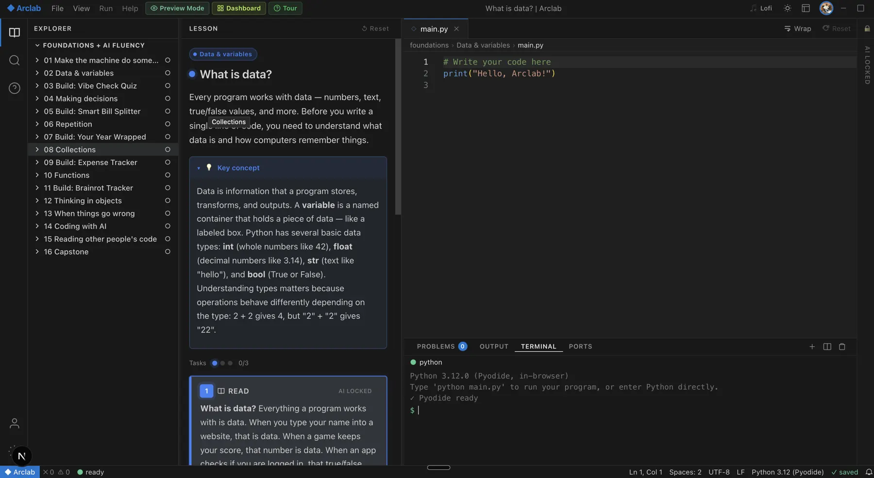 Arclab Foundations: lesson 02, Data and variables, beside a Python editor and an in-browser terminal
