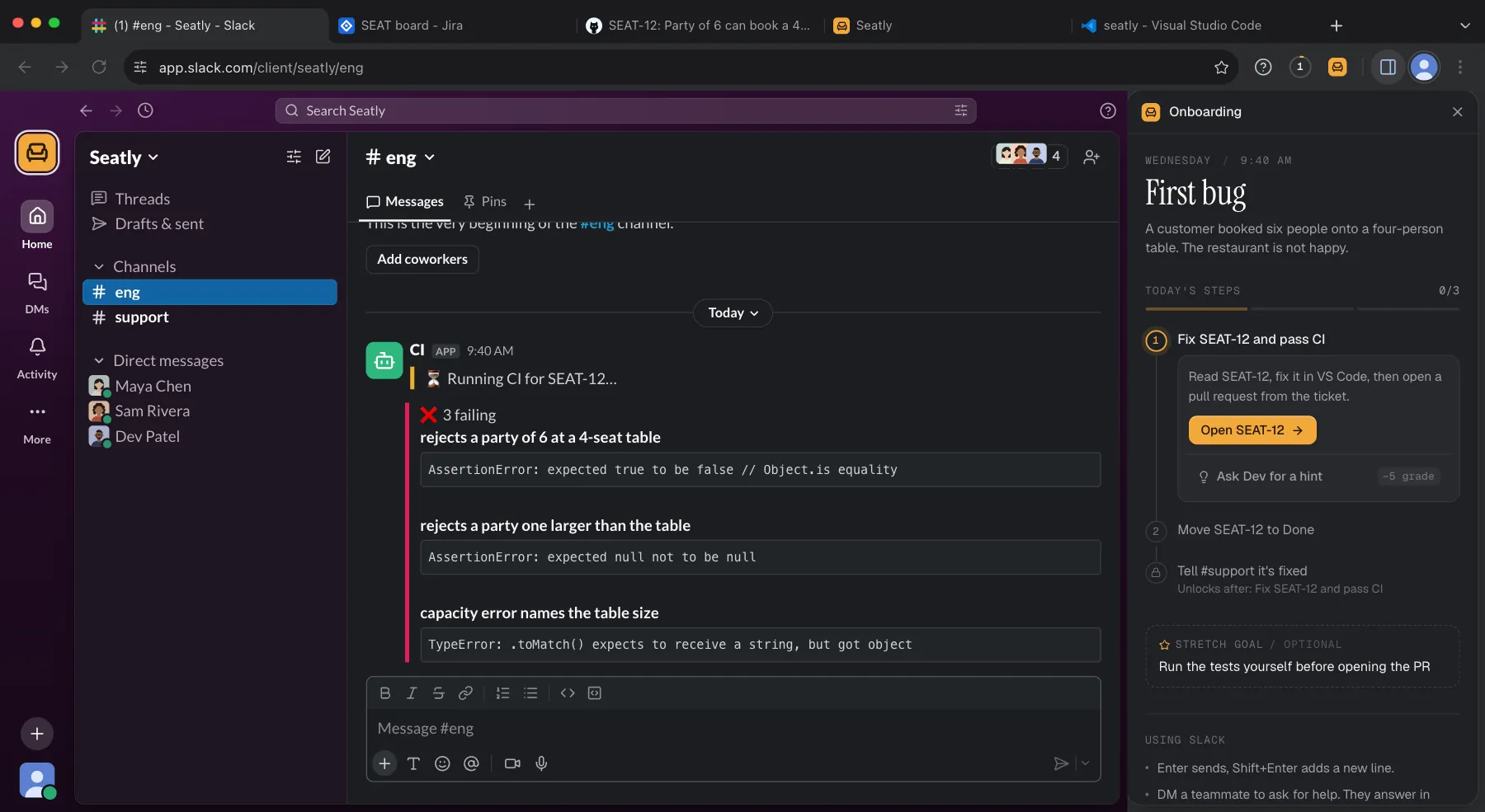 Arclab Sim: the #eng Slack channel where CI reports 3 failing tests for SEAT-12