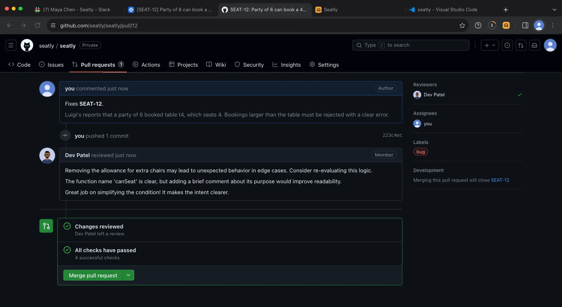 Arclab Sim: GitHub pull request with Dev Patel's review comments, all checks passed and the merge button enabled