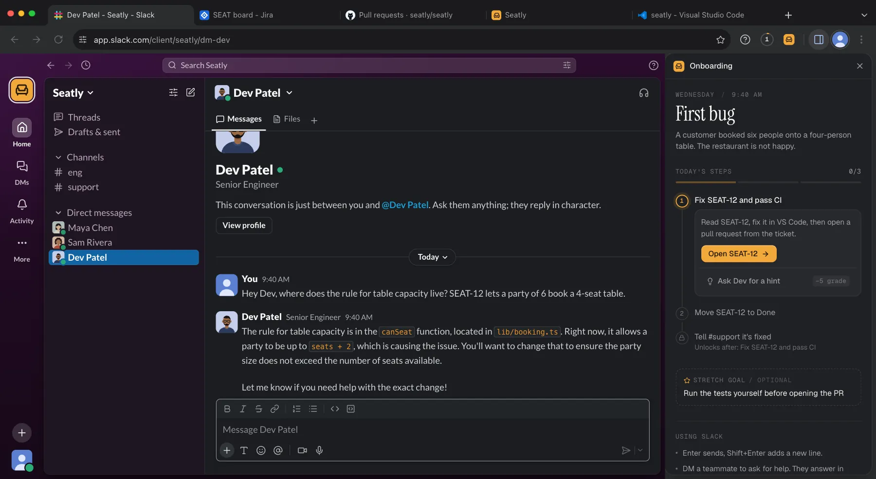 Arclab Sim: Slack DM where Dev Patel, the senior engineer, says the table capacity rule is in canSeat in lib/booking.ts