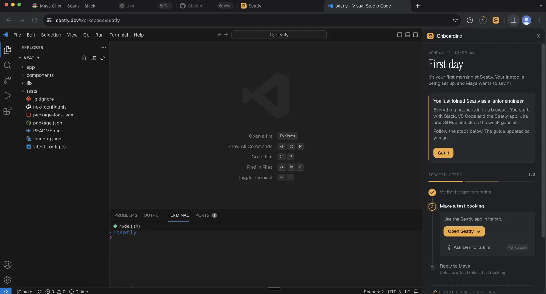 Arclab Sim: a browser with Slack, Jira, GitHub and VS Code tabs, and an onboarding panel titled First day