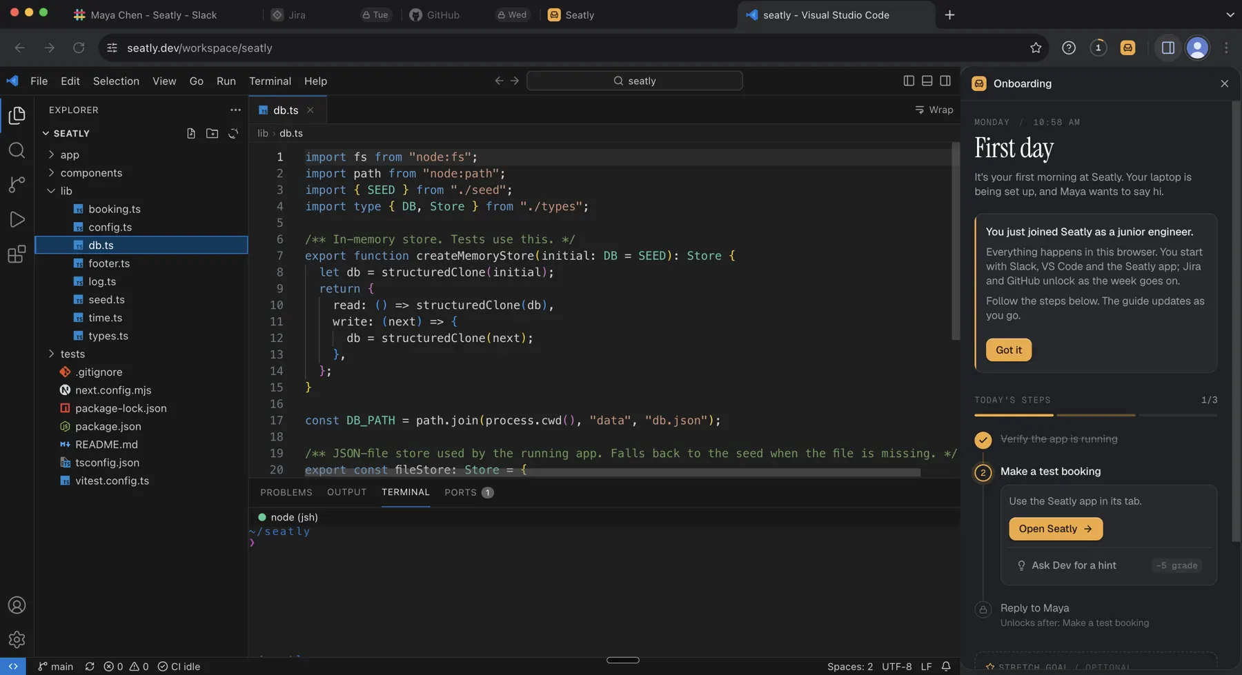 Arclab Sim: VS Code open on lib/db.ts in the Seatly codebase
