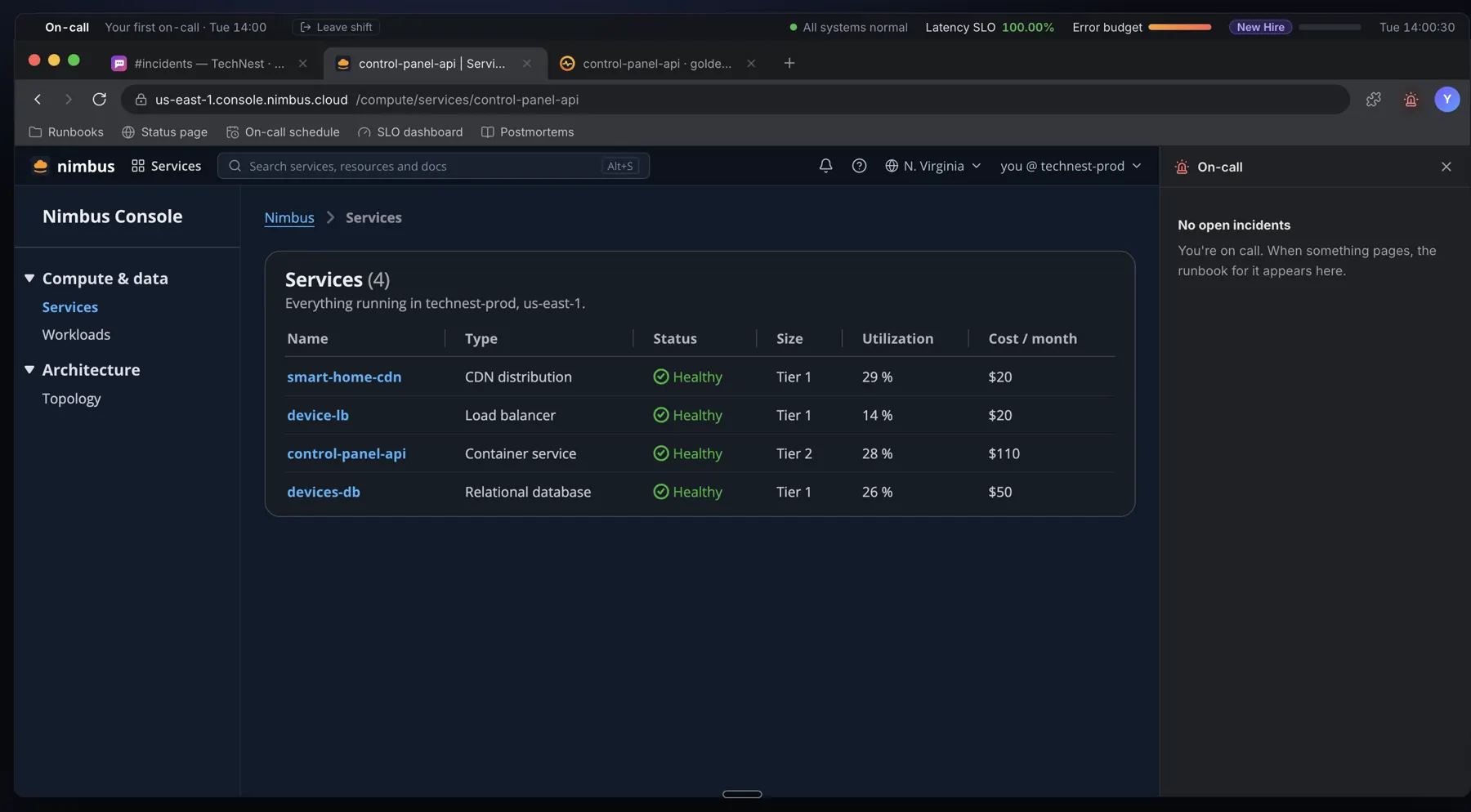 uptime99: the Nimbus cloud console, four healthy services, and an on-call panel reading No open incidents